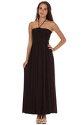 Sakkas Soft Jersey Feel Solid Color Smocked Bodice String Halter Long Dress#color_Brown