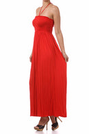 Sakkas Soft Jersey Feel Solid Color Smocked Bodice String Halter Long Dress