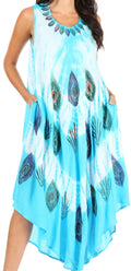 Sakkas Peacock Feather Caftan Dress / Cover Up#color_Turquoise
