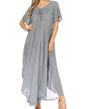Sakkas Lilia Embroidered Lace Up Bodice Relaxed Fit  Maxi Sun Dress#color_A-Azur