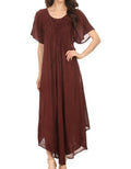 Sakkas Lilia Embroidered Lace Up Bodice Relaxed Fit  Maxi Sun Dress#color_DarkBrown