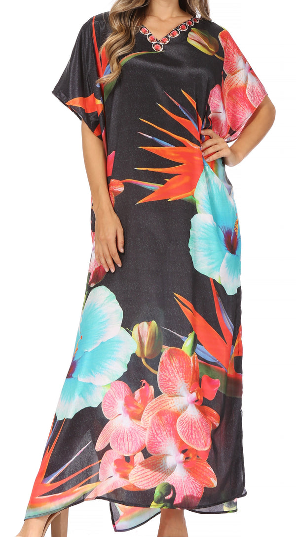 Sakkas Vicky Women's Casual Long Print Short Sleeve Petit Beach Maxi Caftan Dress#color_Print-1
