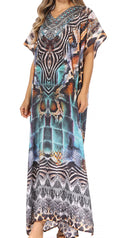 Sakkas Vicky Women's Casual Long Print Short Sleeve Petit Beach Maxi Caftan Dress#color_Print-3