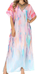 Sakkas Vicky Women's Casual Long Print Short Sleeve Petit Beach Maxi Caftan Dress