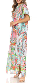 Sakkas Vicky Women's Casual Long Print Short Sleeve Petit Beach Maxi Caftan Dress