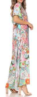 Sakkas Vicky Women's Casual Long Print Short Sleeve Petit Beach Maxi Caftan Dress