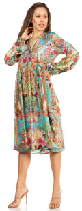 Sakkas Jules Women's Boho Long Sleeve Split Neck Floral Midi Dress Loose Cocktail#color_578-Turquoise