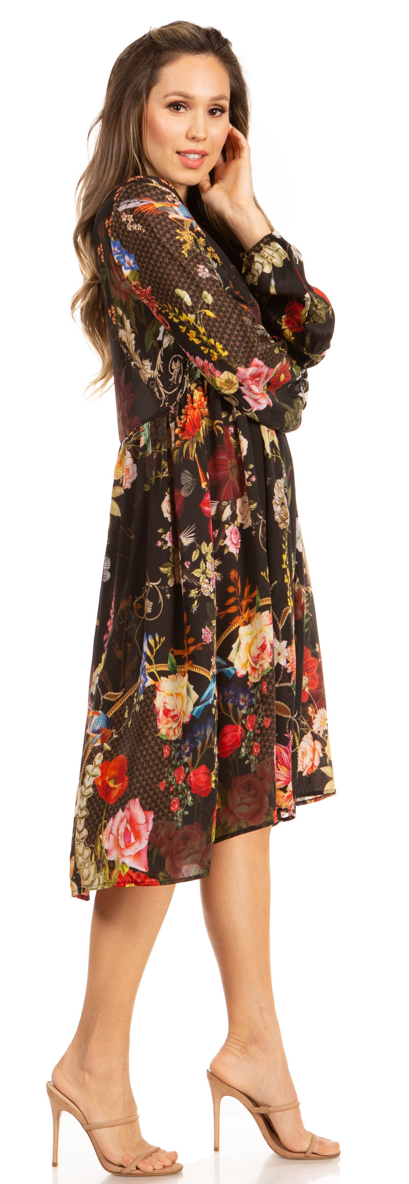 Sakkas Jules Women's Boho Long Sleeve Split Neck Floral Midi Dress Loose Cocktail