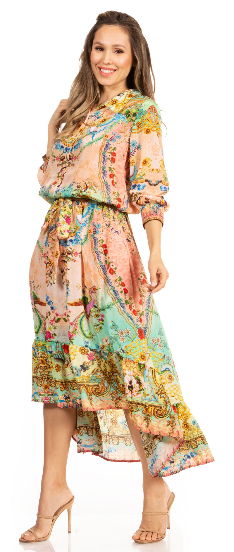 Sakkas Andreas Women's Maxi Long Sleeve Button Down Floral Ruffle Dress Pockets