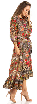 Sakkas Andreas Women's Maxi Long Sleeve Button Down Floral Ruffle Dress Pockets