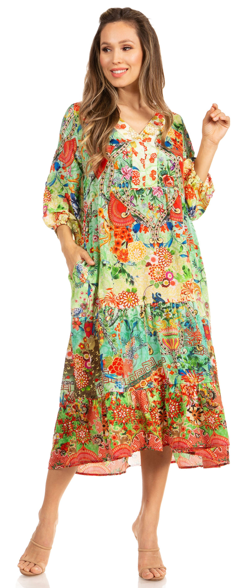 Sakkas Sole Women's Casual Boho Floral Print V neck Swing Long Sleeve Dress Midi