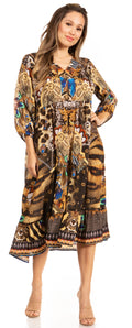 Sakkas Sole Women's Casual Boho Floral Print V neck Swing Long Sleeve Dress Midi#color_582-Black