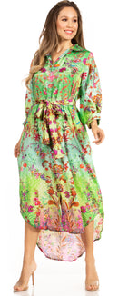 Sakkas Rina Women's Maxi Long Flounce Shirt Dress Floral Print Long Sleeves Button