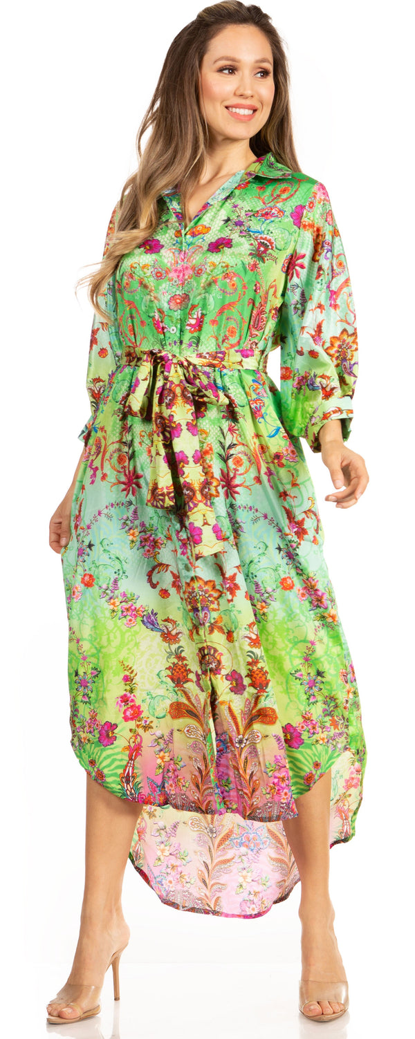Sakkas Rina Women's Maxi Long Flounce Shirt Dress Floral Print Long Sleeves Button#color_601-Green