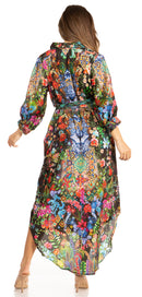 Sakkas Rina Women's Maxi Long Flounce Shirt Dress Floral Print Long Sleeves Button