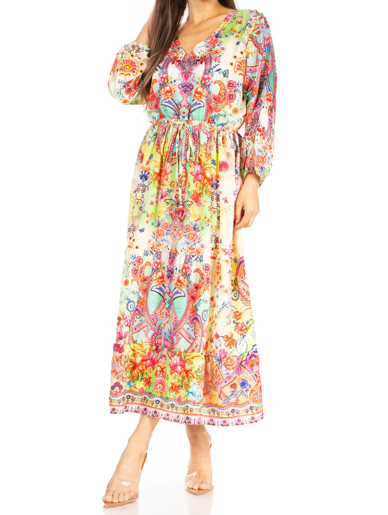 Sakkas Katty Women's V Neck Midi Casual Boho Maxi Long Sleeve Dress Floral Print