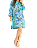 Sakkas Rosa Women's Boho Casual Long Sleeve Floral Tunic Dress Cover Up Midi Top