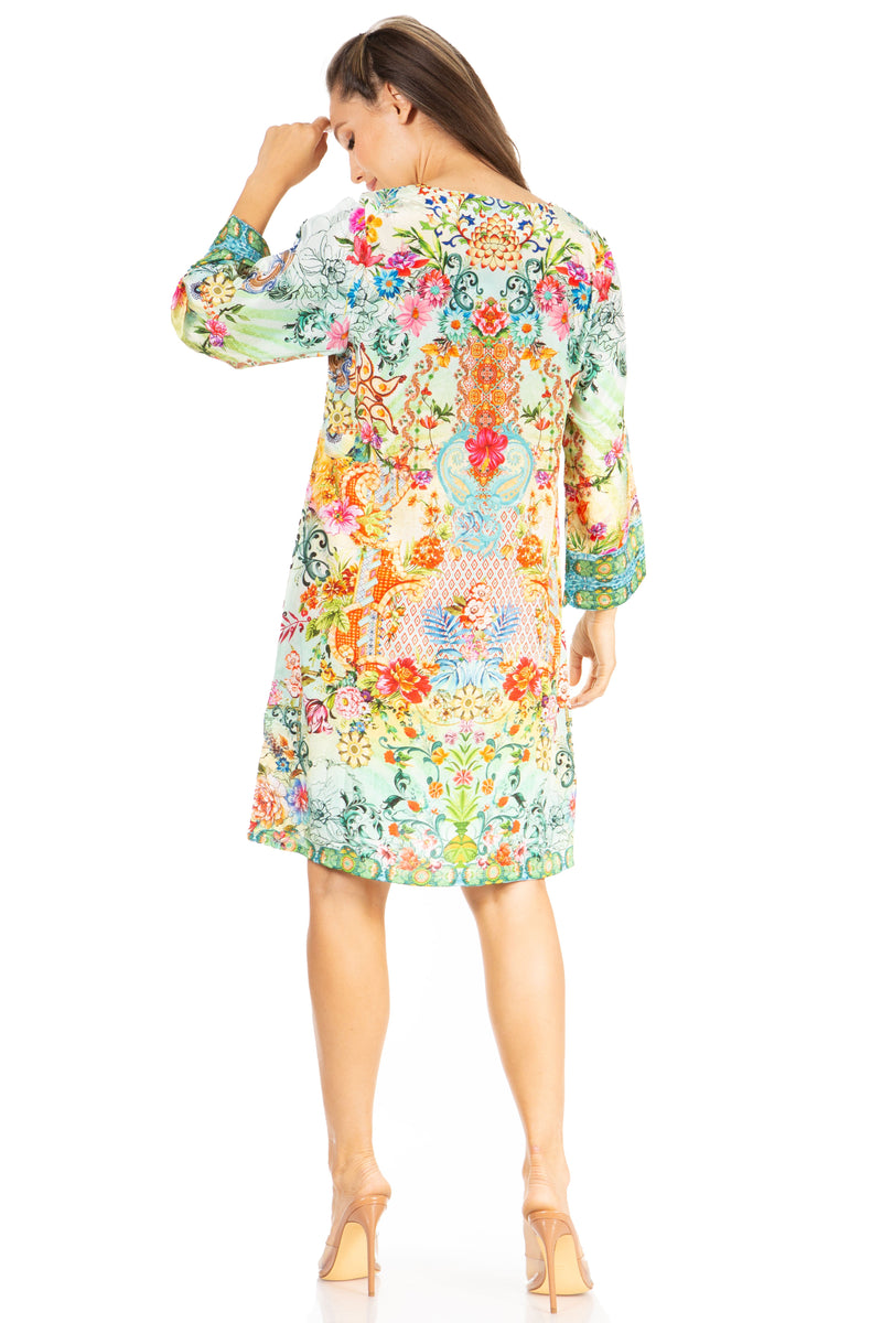 Sakkas Rosa Women's Boho Casual Long Sleeve Floral Tunic Dress Cover Up Midi Top
