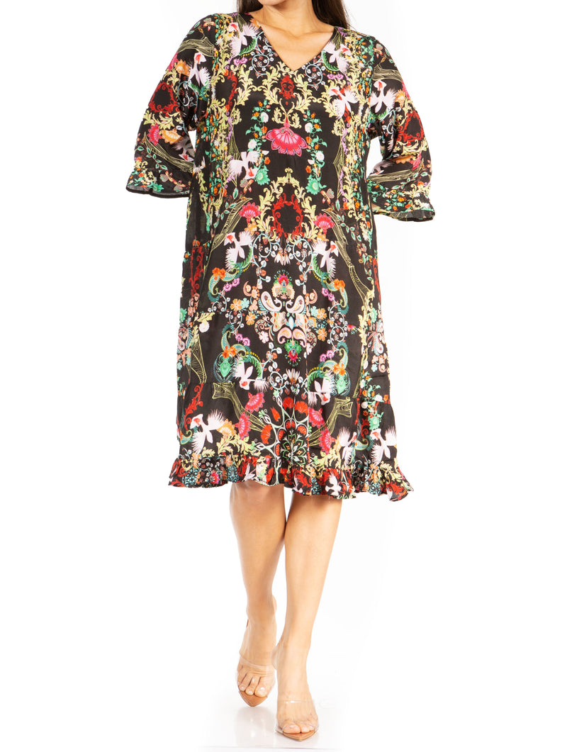 Sakkas Ozana Women's Midi Cocktail V Neck Dress 3/4 Sleeve Casual Floral Print