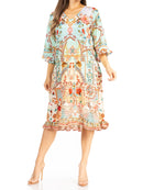 Sakkas Ozana Women's Midi Cocktail V Neck Dress 3/4 Sleeve Casual Floral Print