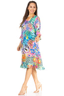 Sakkas Ozana Women's Midi Cocktail V Neck Dress 3/4 Sleeve Casual Floral Print