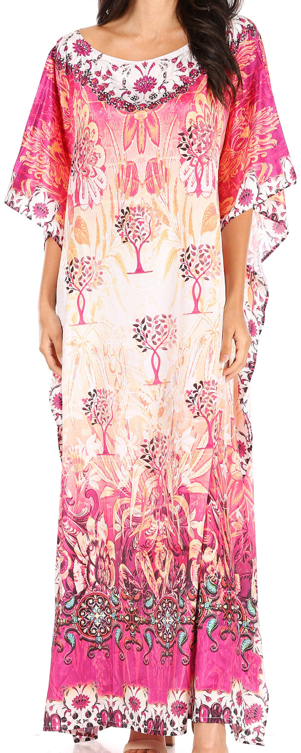 Sakkas Jabari Women's Maxi Short Sleeve Long Beach Kaftan Dress Boho Loose Gown#color_FLM100-Multi