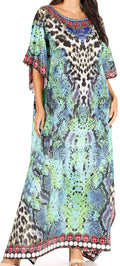 Sakkas Jabari Women's Maxi Short Sleeve Long Beach Kaftan Dress Boho Loose Gown#color_ST49-Turquoise