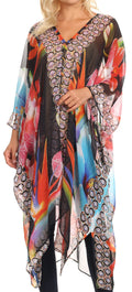 Sakkas Livi  Women's V Neck Beach Dress Cover up Caftan Top Loose with Rhinestone#color_FLBK32-Black