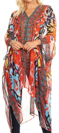Sakkas Livi  Women's V Neck Beach Dress Cover up Caftan Top Loose with Rhinestone#color_IR2-Red