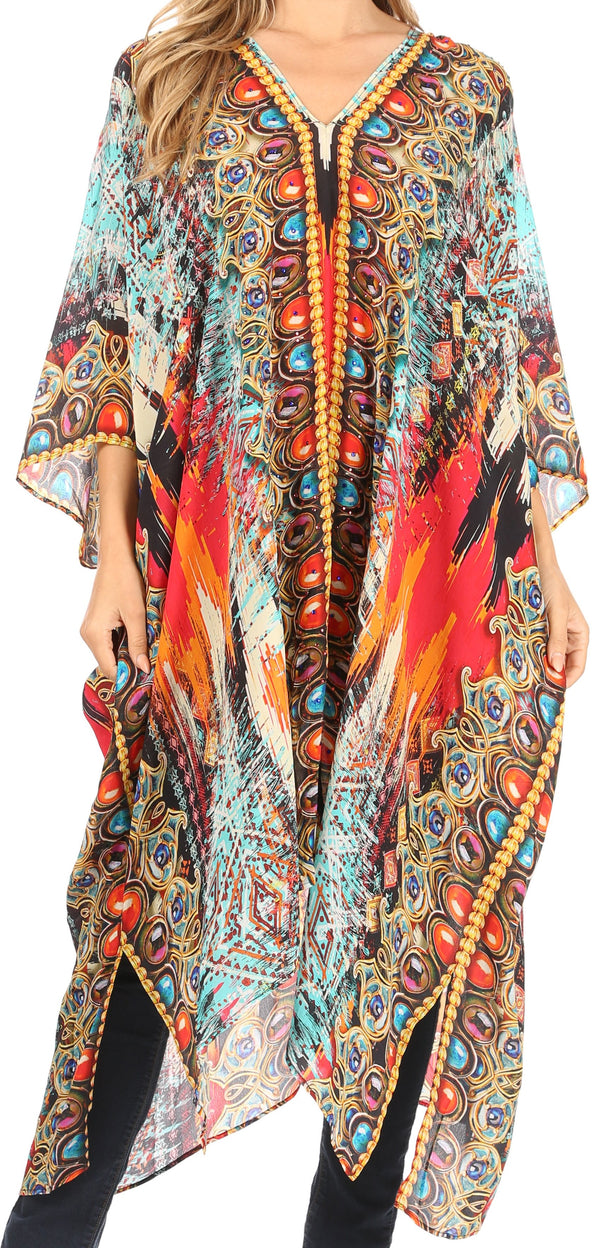 Sakkas Alvita Women's V Neck Beach Dress Top Caftan Cover up with Rhinestones#color_AM107-Multi