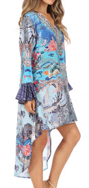 Sakkas Rema Women's Boho Shift Tunic High Low V-neck Long Sleeve Dress with Print
