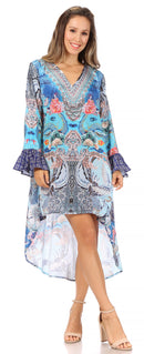 Sakkas Rema Women's Boho Shift Tunic High Low V-neck Long Sleeve Dress with Print