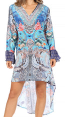 Sakkas Rema Women's Boho Shift Tunic High Low V-neck Long Sleeve Dress with Print