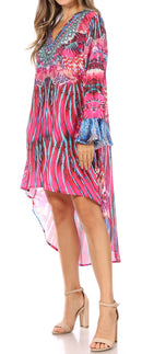 Sakkas Rema Women's Boho Shift Tunic High Low V-neck Long Sleeve Dress with Print