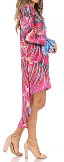 Sakkas Rema Women's Boho Shift Tunic High Low V-neck Long Sleeve Dress with Print