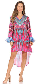 Sakkas Rema Women's Boho Shift Tunic High Low V-neck Long Sleeve Dress with Print
