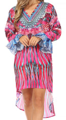 Sakkas Rema Women's Boho Shift Tunic High Low V-neck Long Sleeve Dress with Print