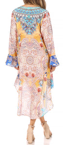 Sakkas Rema Women's Boho Shift Tunic High Low V-neck Long Sleeve Dress with Print