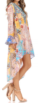Sakkas Rema Women's Boho Shift Tunic High Low V-neck Long Sleeve Dress with Print