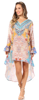 Sakkas Rema Women's Boho Shift Tunic High Low V-neck Long Sleeve Dress with Print