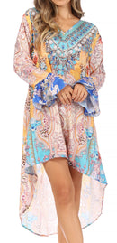 Sakkas Rema Women's Boho Shift Tunic High Low V-neck Long Sleeve Dress with Print