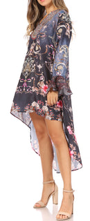 Sakkas Rema Women's Boho Shift Tunic High Low V-neck Long Sleeve Dress with Print