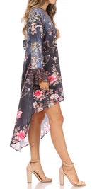 Sakkas Rema Women's Boho Shift Tunic High Low V-neck Long Sleeve Dress with Print