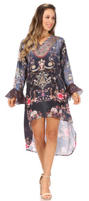 Sakkas Rema Women's Boho Shift Tunic High Low V-neck Long Sleeve Dress with Print