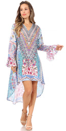 Sakkas Rema Women's Boho Shift Tunic High Low V-neck Long Sleeve Dress with Print