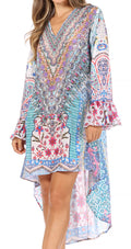 Sakkas Rema Women's Boho Shift Tunic High Low  V-neck Long Sleeve Dress with Print#color_490