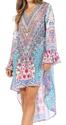 Sakkas Rema Women's Boho Shift Tunic High Low V-neck Long Sleeve Dress with Print