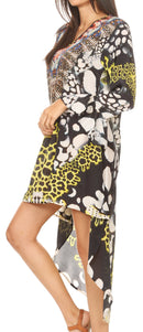 Sakkas Rema Women's Boho Shift Tunic High Low V-neck Long Sleeve Dress with Print
