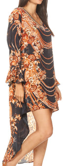 Sakkas Rema Women's Boho Shift Tunic High Low V-neck Long Sleeve Dress with Print
