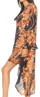 Sakkas Rema Women's Boho Shift Tunic High Low V-neck Long Sleeve Dress with Print